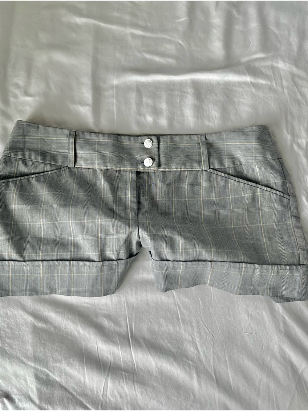Y2K Gray Plaid Low Rise Shorts Rose Button Office Siren Size S/M